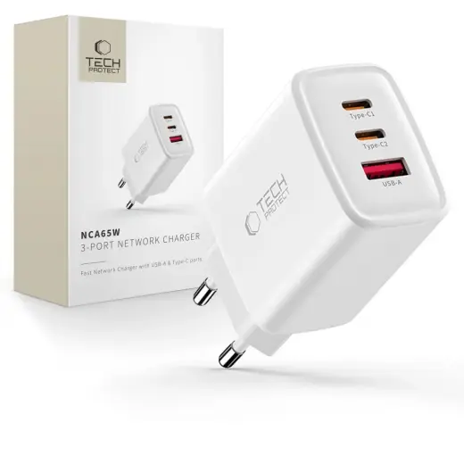 Tech-Protect NCA65W-GAN reisilaadija | 65W | PD, QC, GaN | USB-C, USB-A | valge