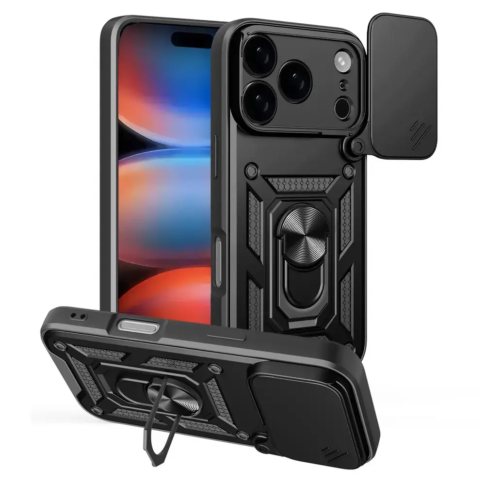 Hybrid Armor Camshield maciņš ar statīvu telefonam iPhone 17 Pro Max melns (ar kameras aizsargu)