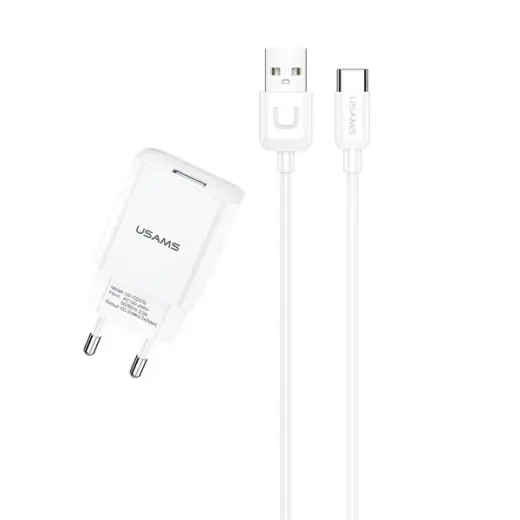 Usams T21 universāls tīkla lādētājs USB | 5V | 2.1A + USB-C vads 1M balts