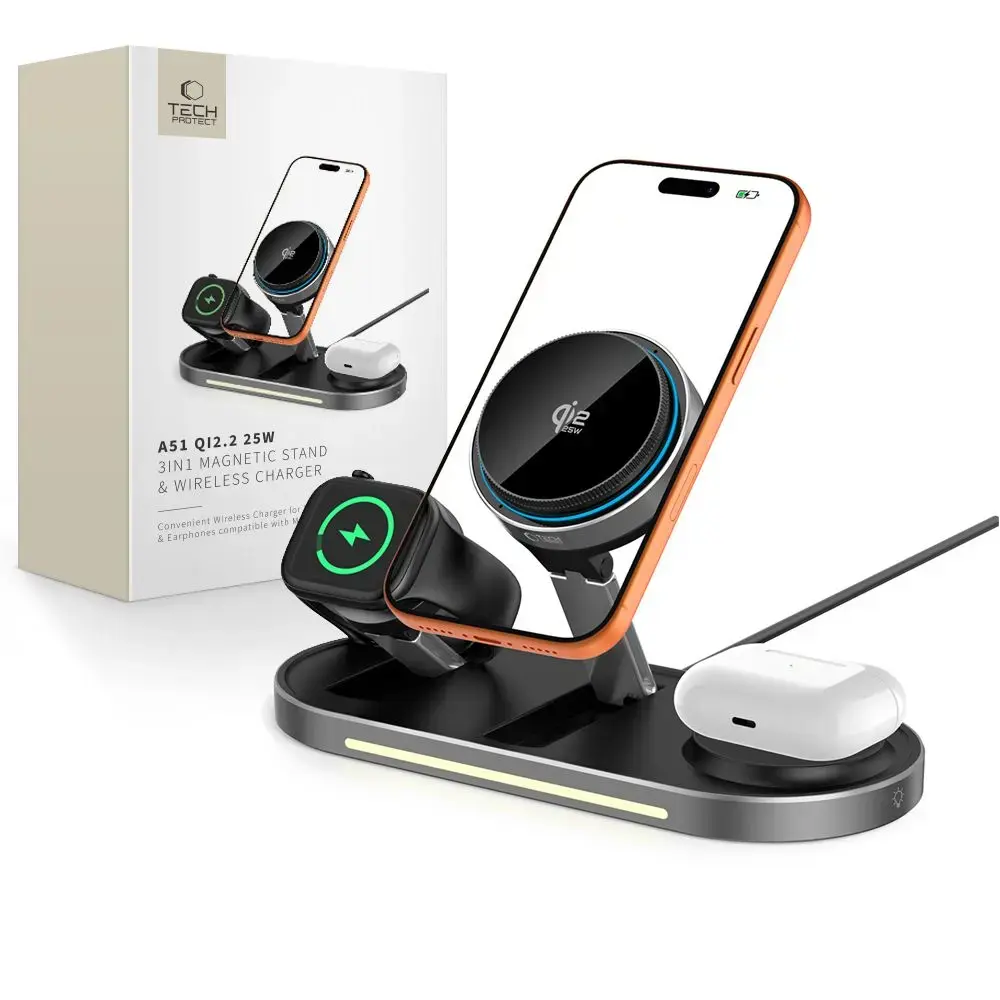 Tech-Protect A51 ArcticBoost 3-in-1 bezvadu lādētājs | Qi 2.2 | Saderīgs ar MagSafe | 25W | melns
