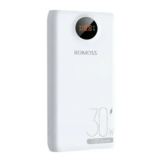 Romoss SW20S Pro ārējais akumulators (powerbank) | 20000 mAh | 30W | USB-C, USB-A, Micro USB, Lightning | LED ekrāns | balts