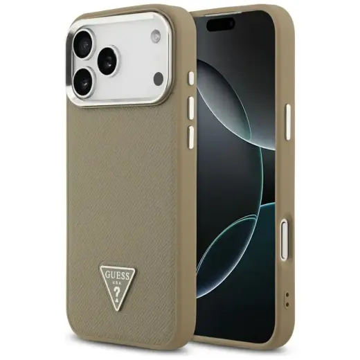 Guess Grained Triangle Logo telefoniümbris MagSafe toega iPhone 17 Pro Max jaoks, pruun