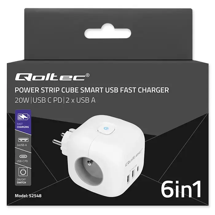 Qoltec Power cube 6-in-1 extension cord with illuminated switch | 3x AC | 2x USB | 1x USB-C PD 20W | White