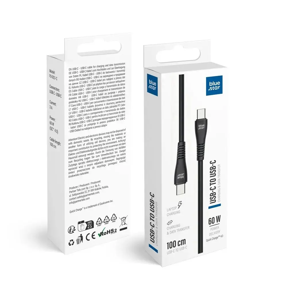 Blue Star PJ-DQ1-C datu pārraides un uzlādes vads | USB-C uz USB-C | QC 4.0 | 60W | 1m | melns