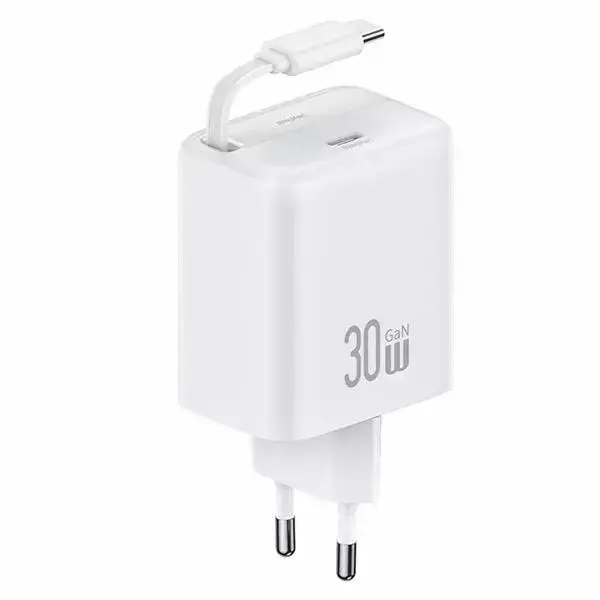 USAMS YC Series tīkla lādētājs | 30W | GaN, PD, QC | USB-C | USB-C uz USB-C vads komplektā | balts