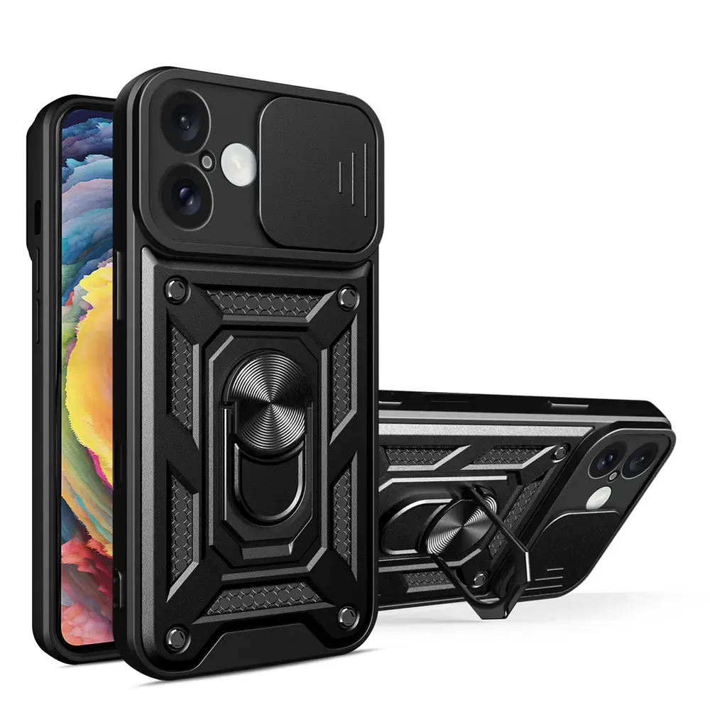 Hybrid Armor Camshield maciņš ar statīvu telefonam iPhone 16 Plus melns (ar kameras aizsargu)