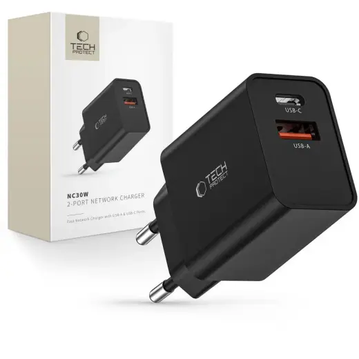 Tech-Protect NC30W travel charger | 30W | PD, QC 3.0 | USB-C, USB-A | black