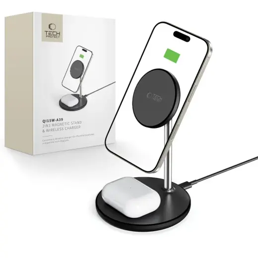 Tech-Protect QI15W-A39 2-in-1 belaidis įkroviklis | Qi | Suderinama su MagSafe | 15W | juodas