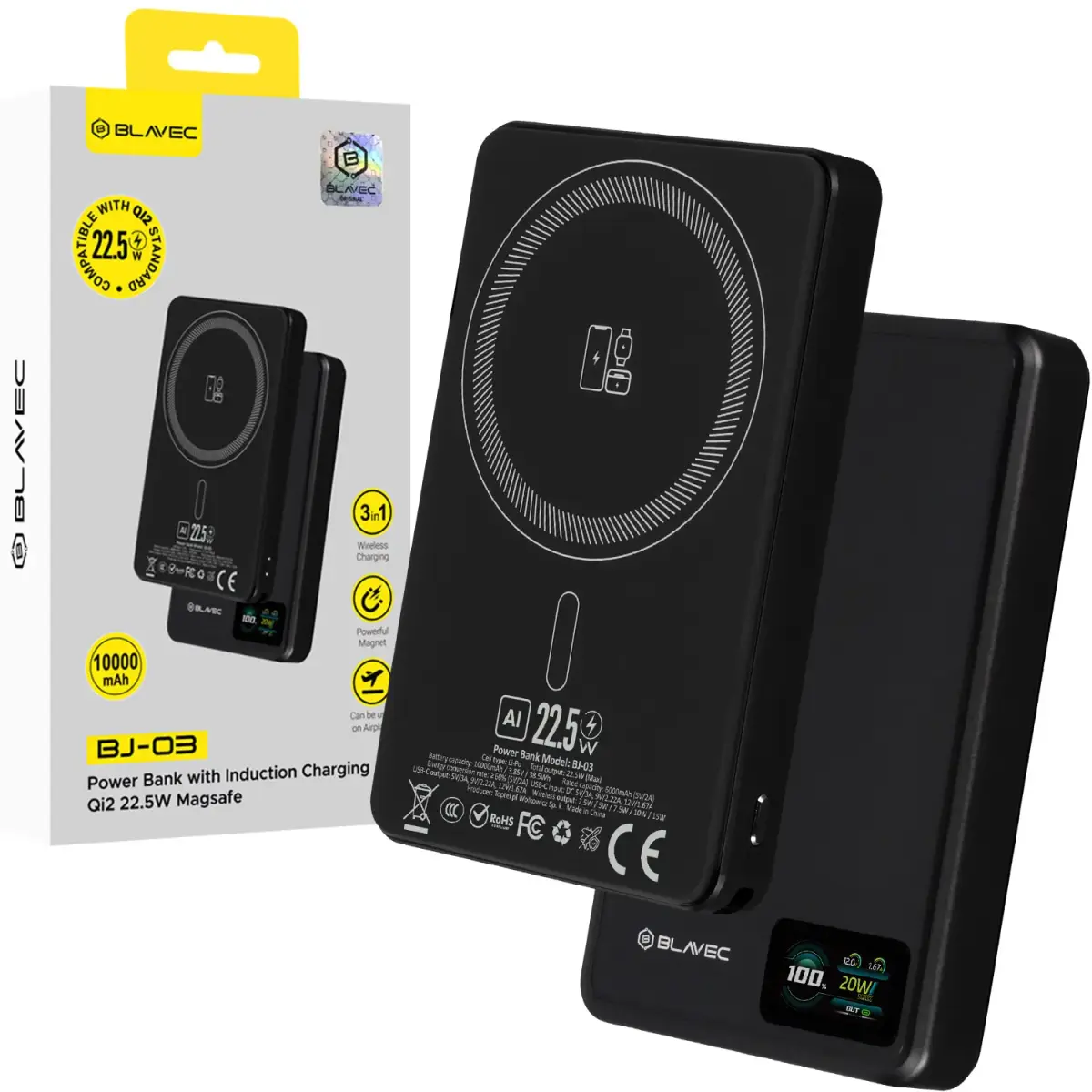 Blavec BJ-03 Slim ārējais akumulators (powerbank) | 10 000 mAh | 22.5W | USB-C, MagSafe, Wireless | melns