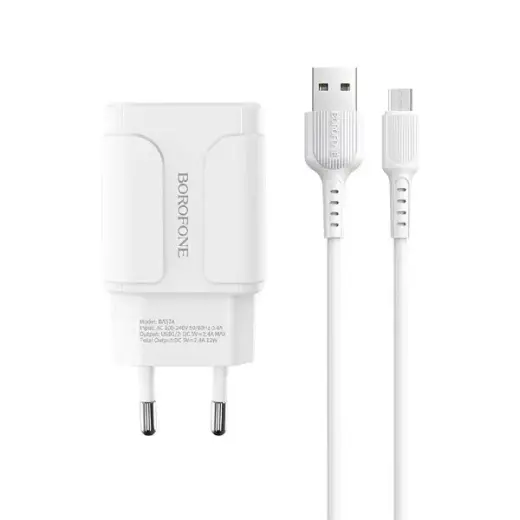 Borofone BA37A Универсальное Зарядное Устройство 2XUSB | 5V | 2.4A + Micro USB Провод 1М Белое