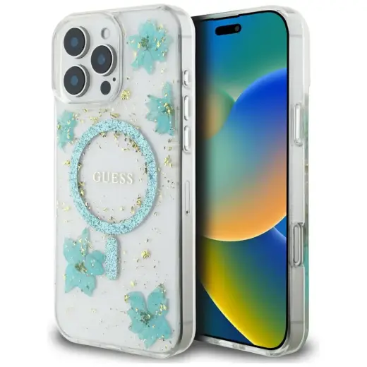 Guess Resin Flowers with glitter phone case for iPhone 16 Pro blue with MagSafe support