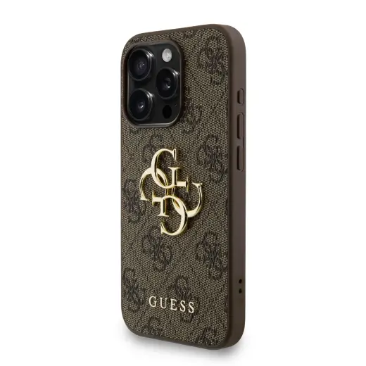 Guess PU 4G Metal Logo Strap telefona maciņš priekš iPhone 15 Pro brūns