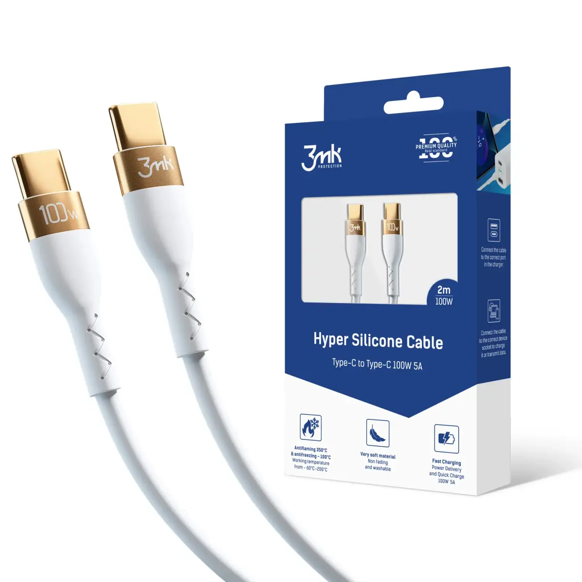 3mk Hyper data transfer and charging cable | USB-C to USB-C | 100W | 2m | white