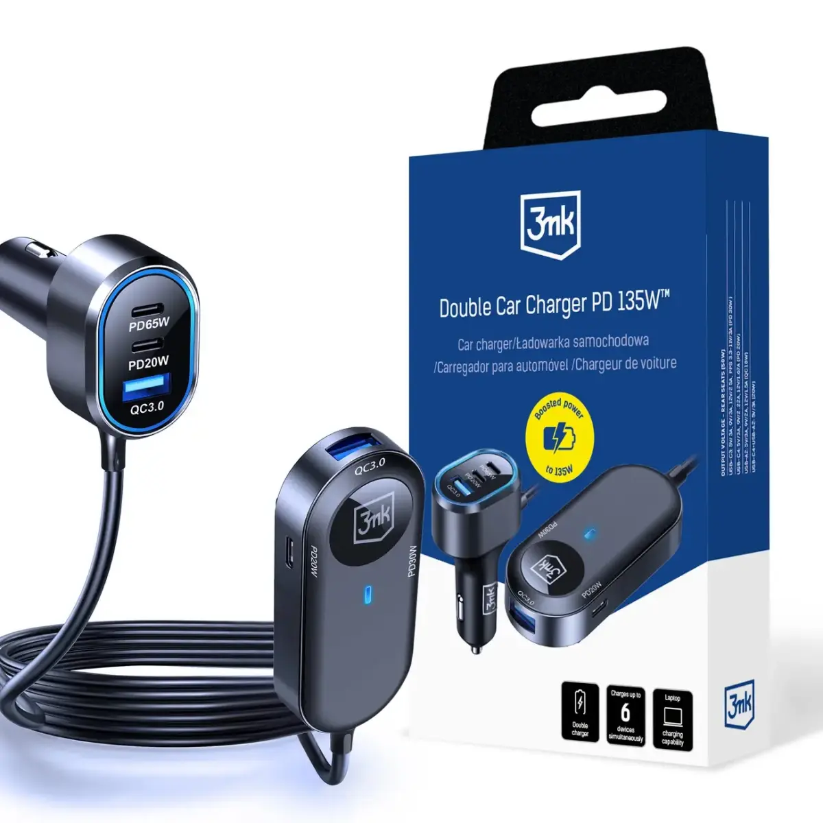 3mk Double auto lādētājs | 135W | PD, QC, PPS | USB-C, USB-A | melns