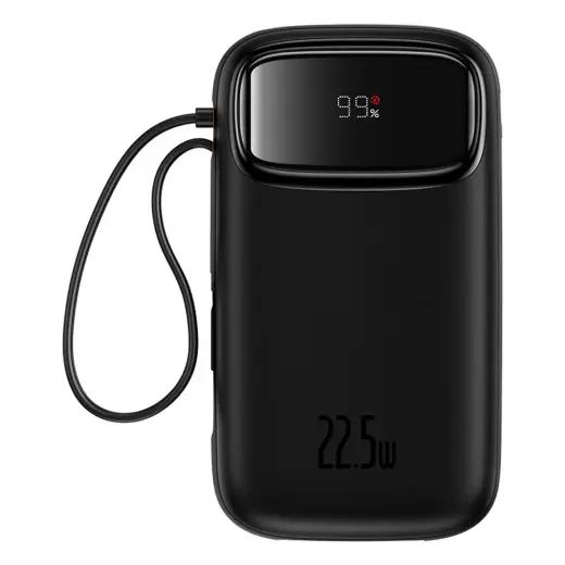 Baseus Qpow2 20000mAh 22.5W Powerbank with Dual Cable with Digital Display + Baseus Simple USB-C 3A Cable 0.3m (Black) - Black