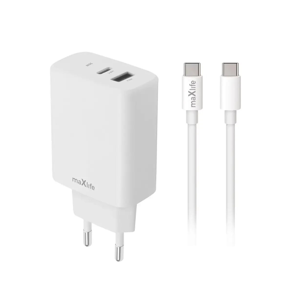 Maxlife MXTC-10-30AC tīkla lādētājs | 30W | PD, QC | USB-C, USB-A | ar USB-C uz USB-C vadu komplektā | balts
