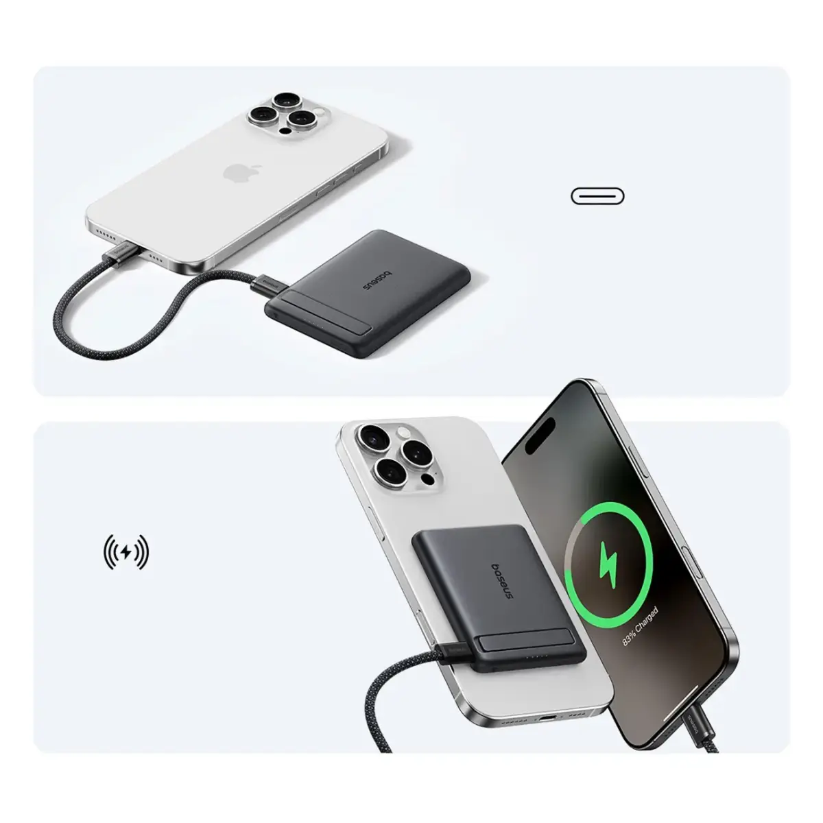 Baseus PicoGo AM31 Qi2 5000mAh 20W MagSafe Compatible Power Bank with Stand (with Black Simple Braided USB-C - USB-C 30cm Cable) - Black