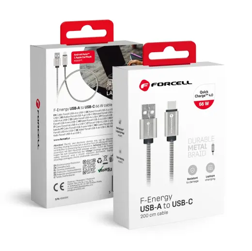 Forcell F-Energy C234 datu pārraides un uzlādes vads | USB-A uz USB-C | QC 4.0 | 66W | 2m | sudraba krāsā