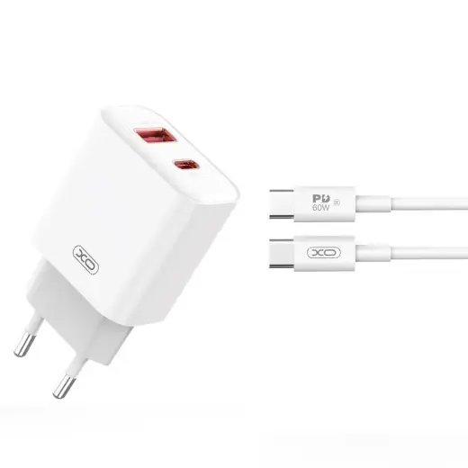 XO CE12 зарядное устройство | 20W | PD, QC3.0 | USB, USB-C | с проводом USB на USB-C в комплекте | белое