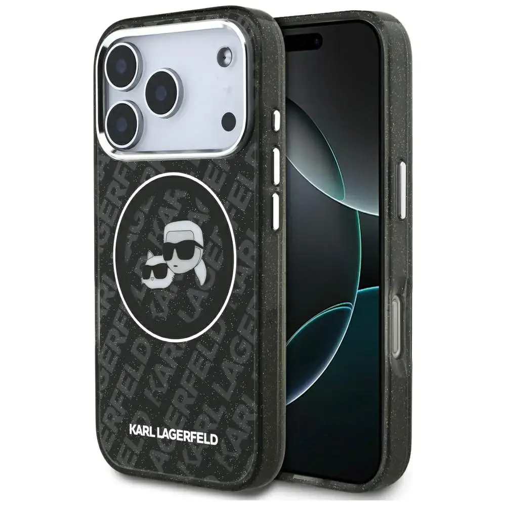 Karl Lagerfeld IML Glitter Karl & Choupette Heads Logo telefoniümbris MagSafe toega iPhone 17 Pro jaoks, must