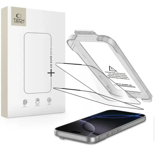 Tech-Protect Quick Set+ grūdintas apsauginis stiklas telefonui iPhone 17 Pro Max su montavimo rėmeliu (2 vnt.)