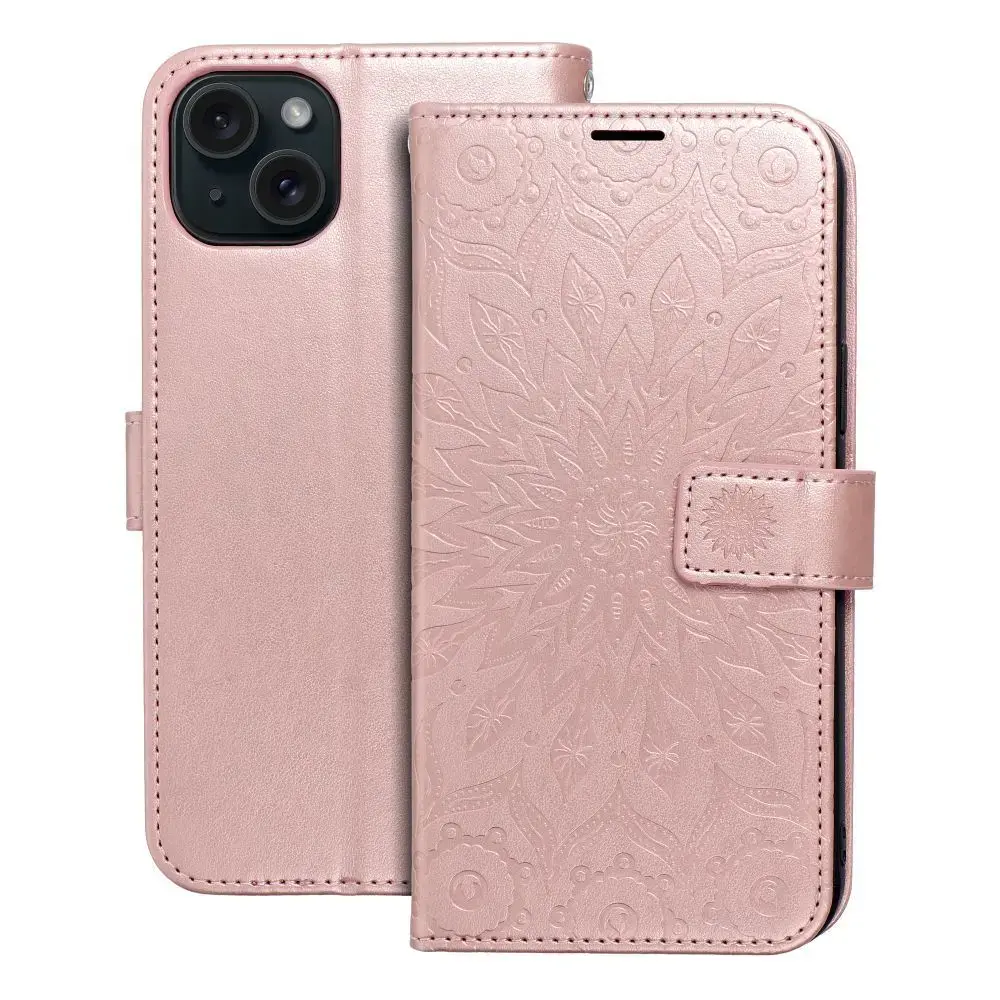 MEZZO mandala grāmatveida maciņš telefonam iPhone 15 Plus rozā