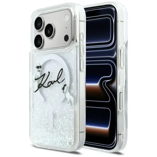 Karl Lagerfeld Liquid Glitter Karl Script Logo чехол с поддержкой MagSafe для телефона iPhone 17 Pro прозрачный