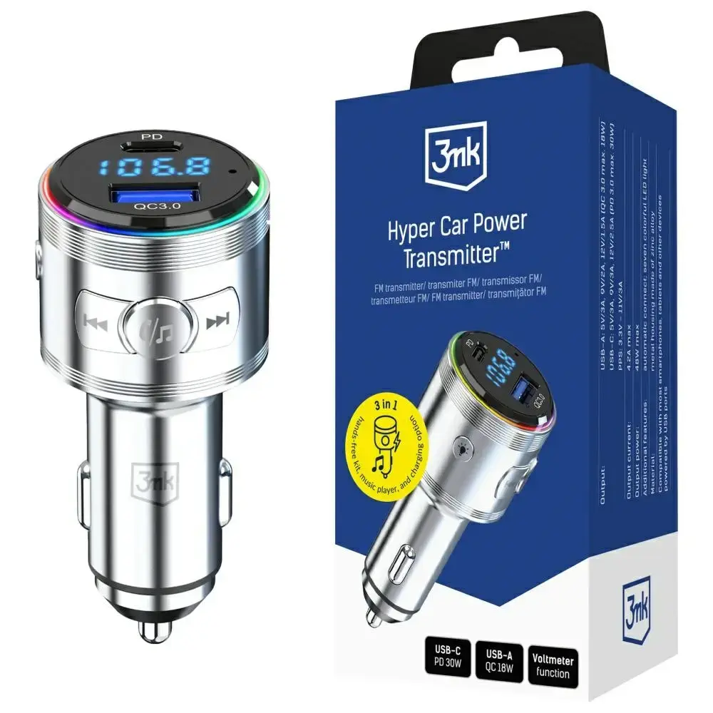 3MK Hyper Car Power Transmitter 48W | QC, PD, PPS | USB-C, USB-A | sudraba