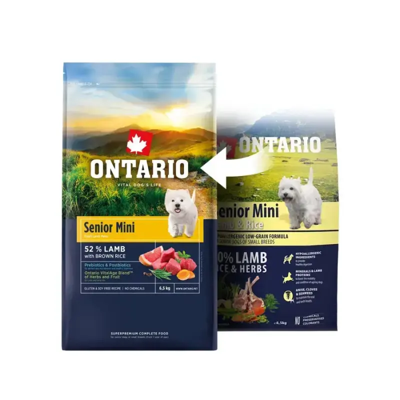 Barība suņiem – Ontario Senior Mini, Lamb and Brown Rice, 6,5 kg
