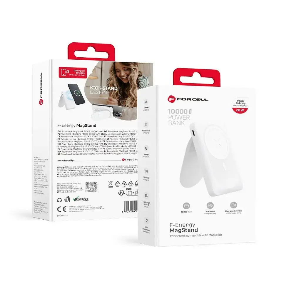 Внешний аккумулятор (powerbank) Forcell F-Energy MagStand F10K2 | 10 000 мА·ч | 20 Вт | PD, QC | USB-C, USB-A, MagSafe | белый