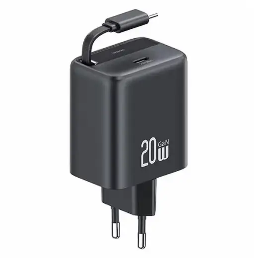 USAMS YC Series travel charger | 20W | PD, QC, GaN | USB-C | with USB-C to USB-C cable included | black