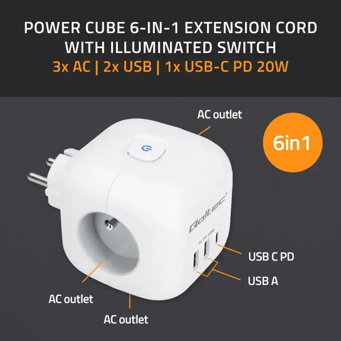 Qoltec Power cube 6-in-1 extension cord with illuminated switch | 3x AC | 2x USB | 1x USB-C PD 20W | White