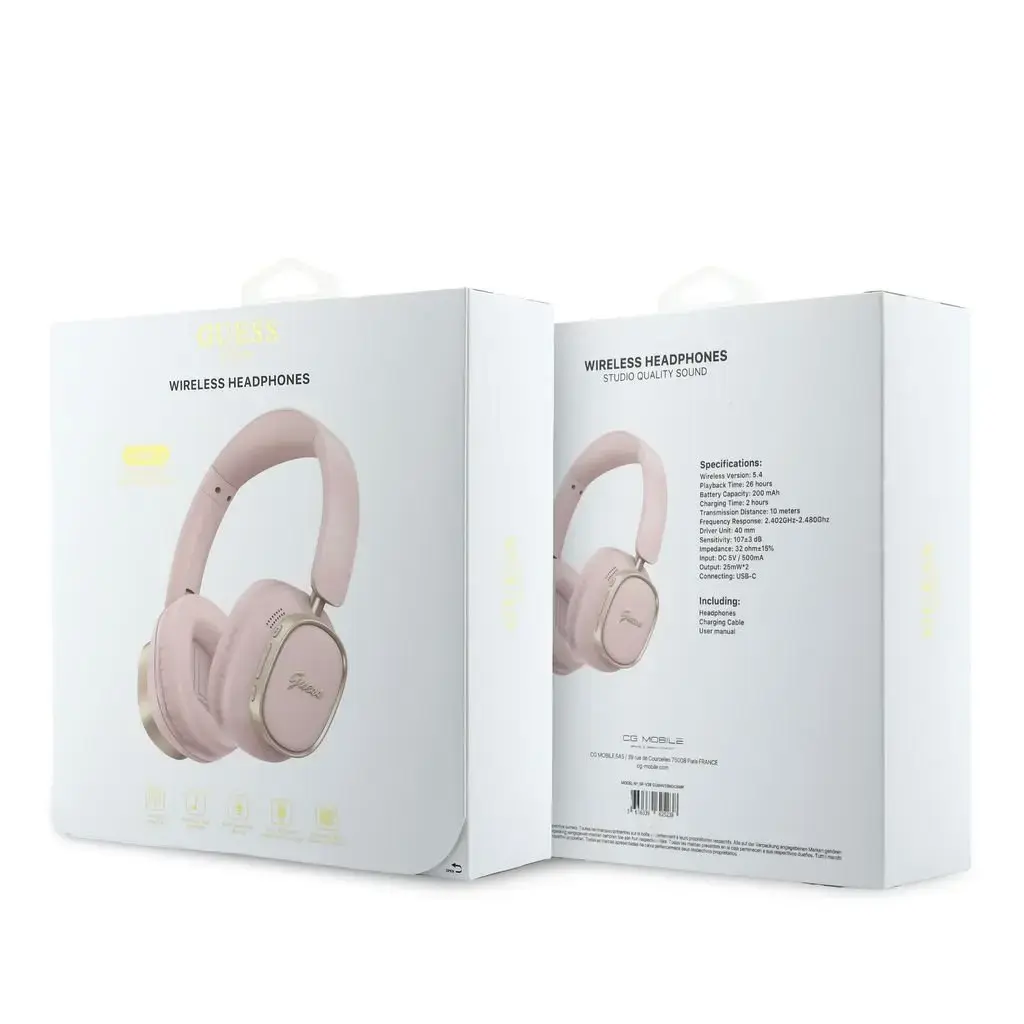 Guess Rectangle Metal Script Logo ENC Wireless Headphone Pink