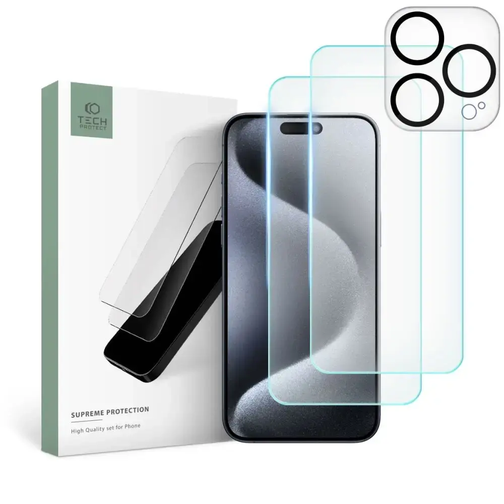 Tech-Protect Supreme Set for iPhone 15 Pro Max 2x Tempered Glass for Display | Tempered Glass for Camera