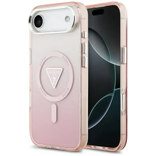 Guess IML Gradient With Print Triangle Logo & Silver Metal Camera Buttons maciņš ar MagSafe atbalstu telefonam iPhone 17 Air rozā