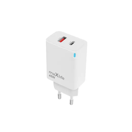 Maxlife MXTC-09-45AC tīkla lādētājs | 45W | PD, QC, GaN | USB-C, USB-A | balts