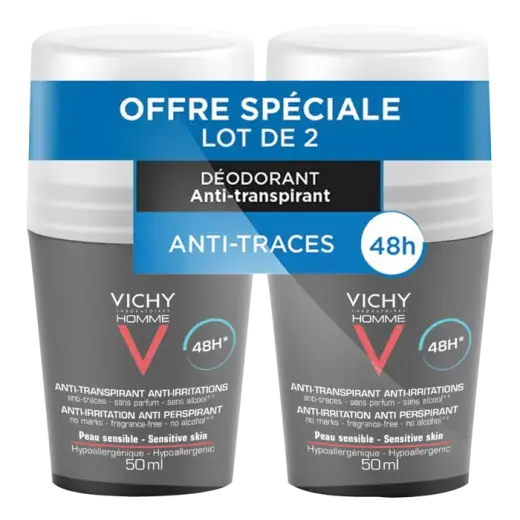 VICHY Sensitive Skin 48h Men Roll on Deodorant Anti-Perspirant 50ml - PACK of 2