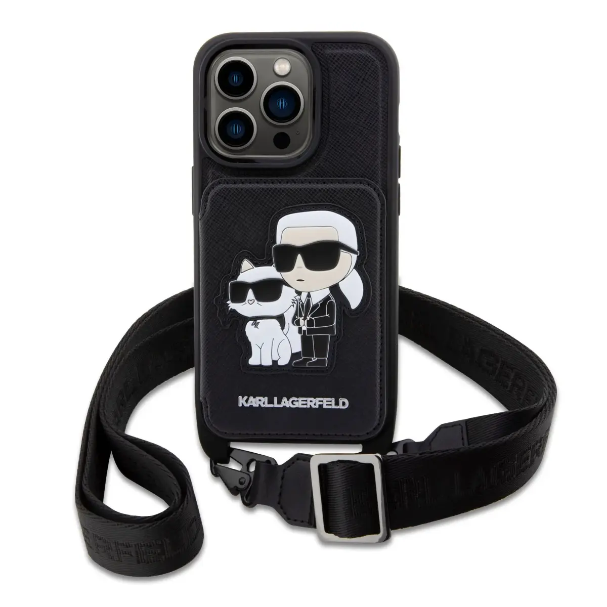 Karl Lagerfeld Saffiano Crossbody Strap Karl and Choupette Case for iPhone 14 Pro Black
