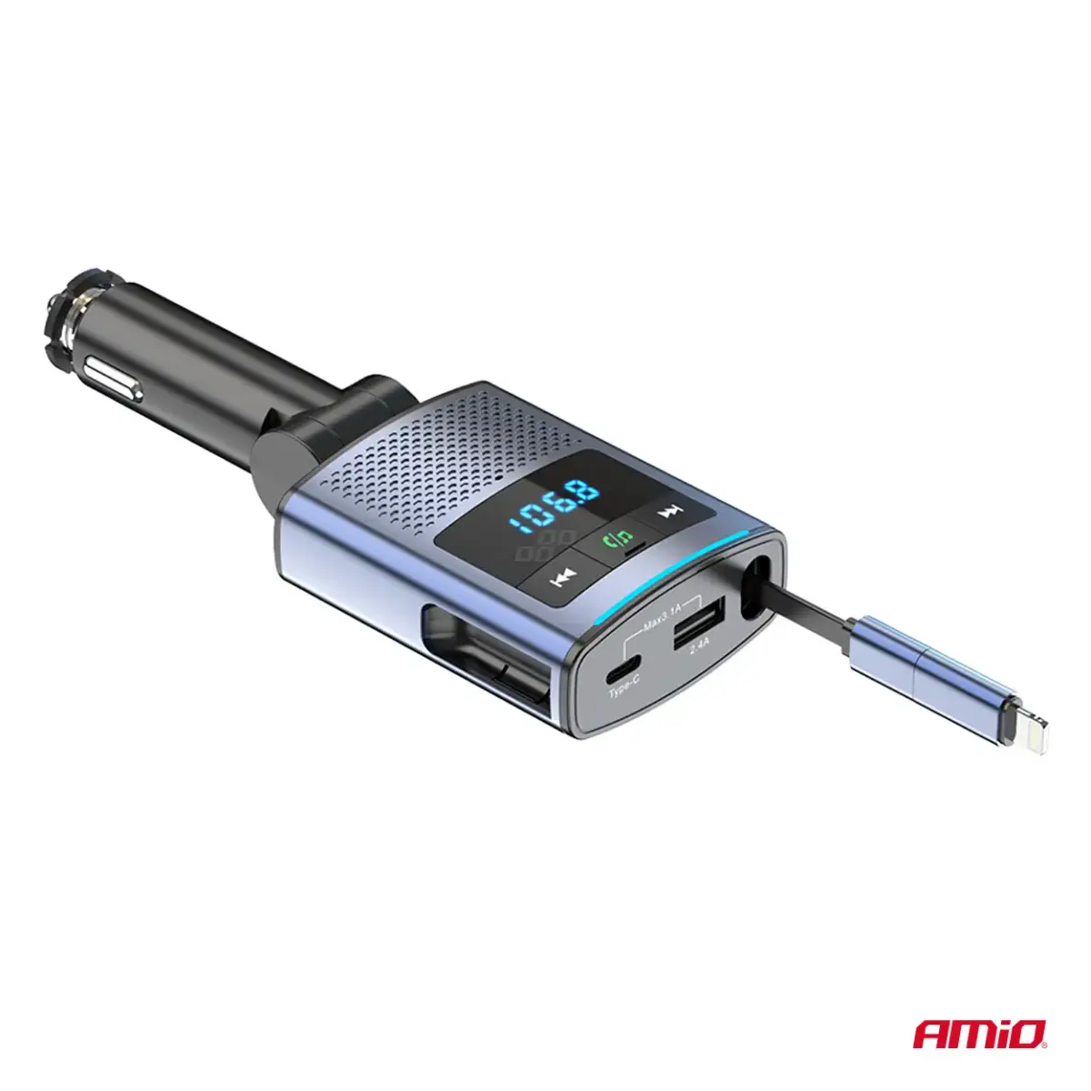 Car FM Transmitter 1×USB-A 1×USB-C 12V 24V AMIO-04656