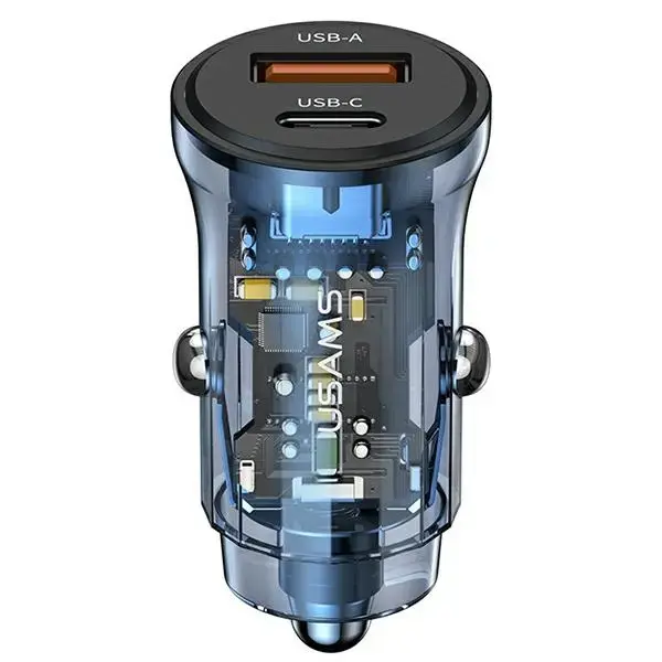 USAMS C32 CC164CC02 automašīnas lādētājs | 30W | USB-A, USB-C | zils