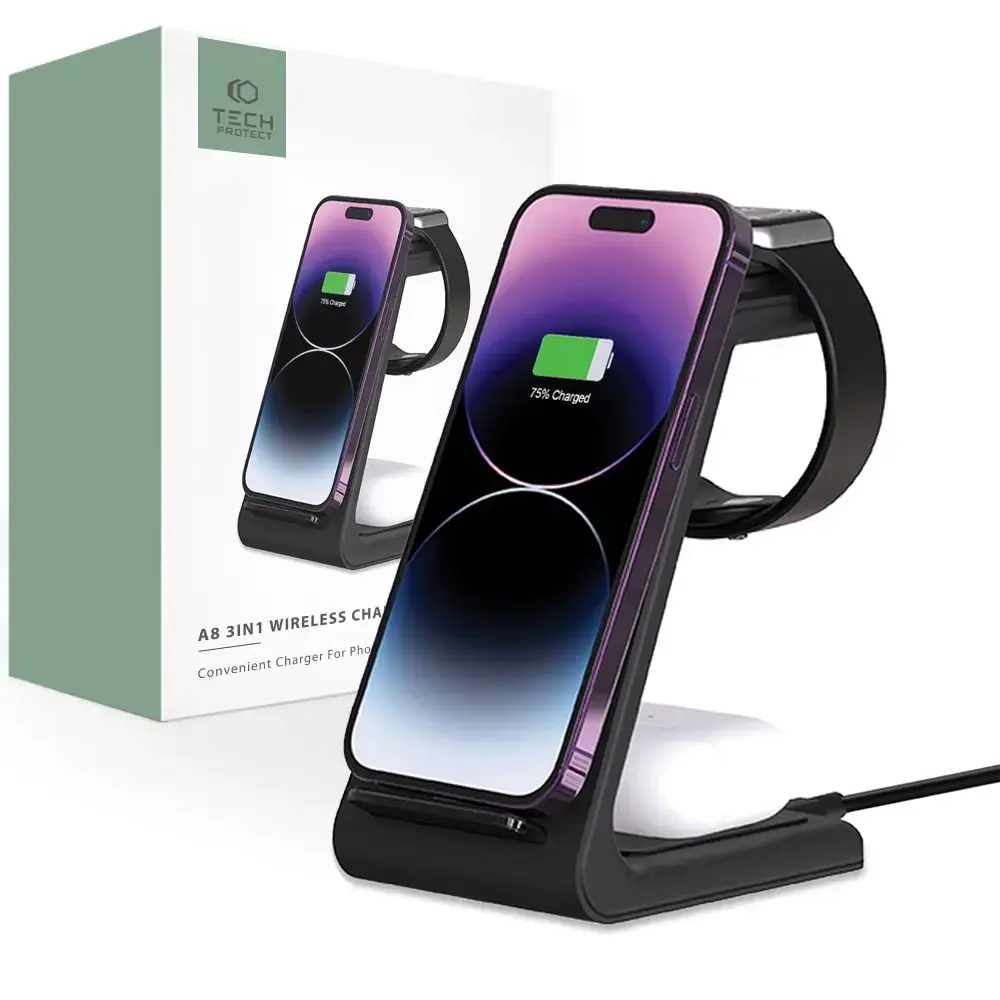 Tech-Protect A8 10W inductive charger in the form of a 3-in-1 stand for smartphone | headphones | smartwatch - black