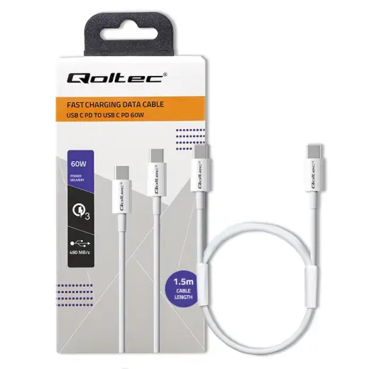 Qoltec duomenų perdavimo ir įkrovimo laidas | USB-C į USB-C | QC 3.0, PD | 60W | 1.5m | baltas