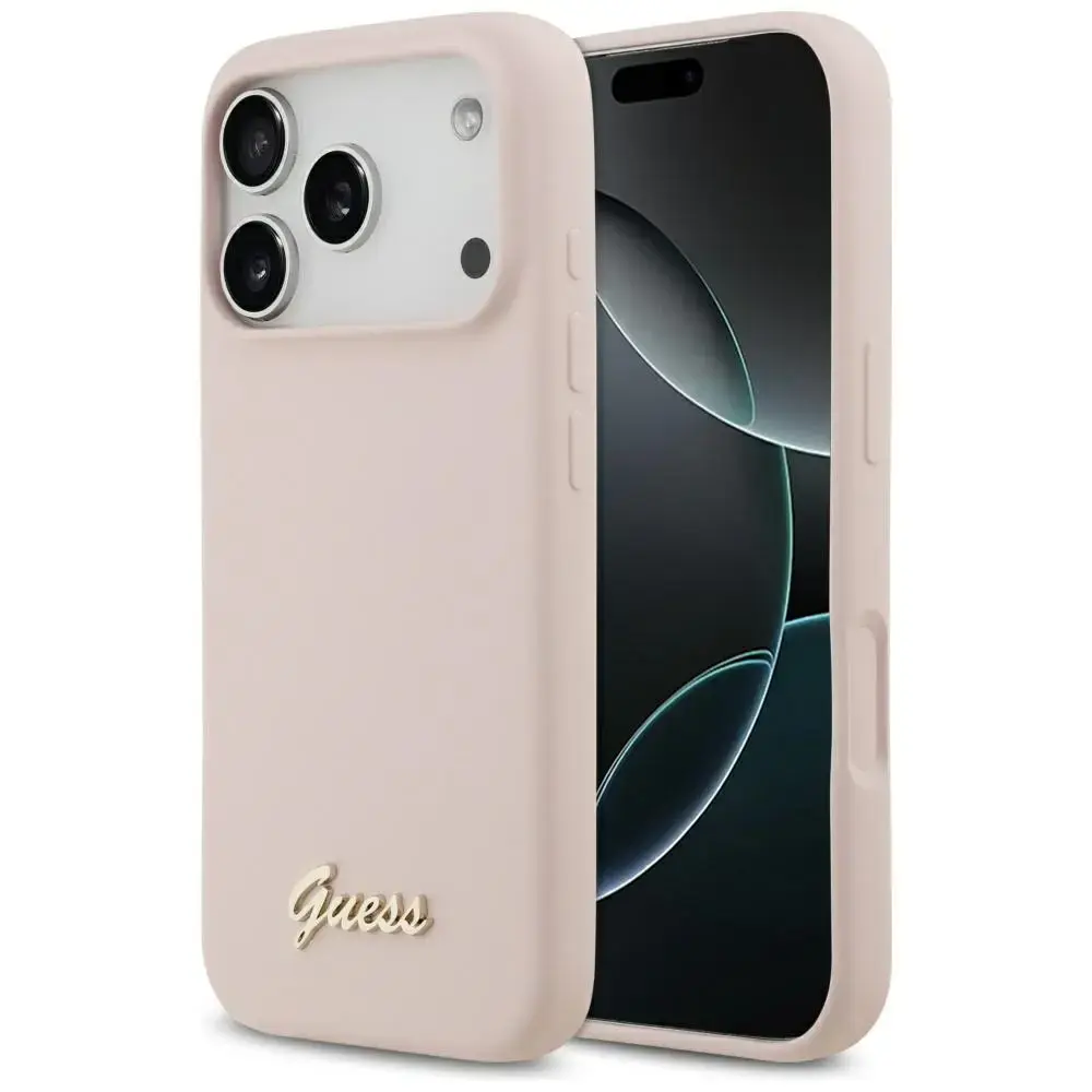 Case Guess Silicone Script Metal Logo MagSafe for iPhone 17 Pro pink