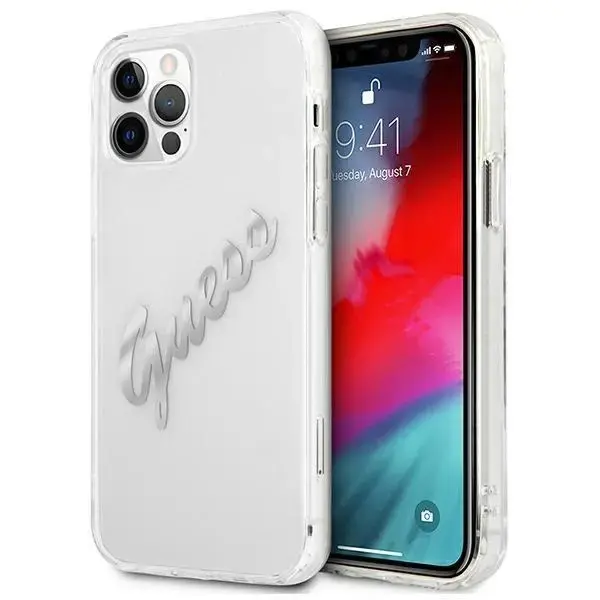 Guess GUHCP12MKTRSVSI iPhone 12|12 Pro 6.1" Transparent hardcase Vintage Script Silver