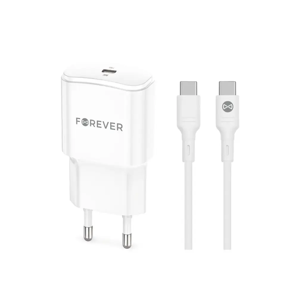 Forever TC-01-20C travel charger | 20W | PD, QC | USB-C | with USB-C to USB-C cable included | white