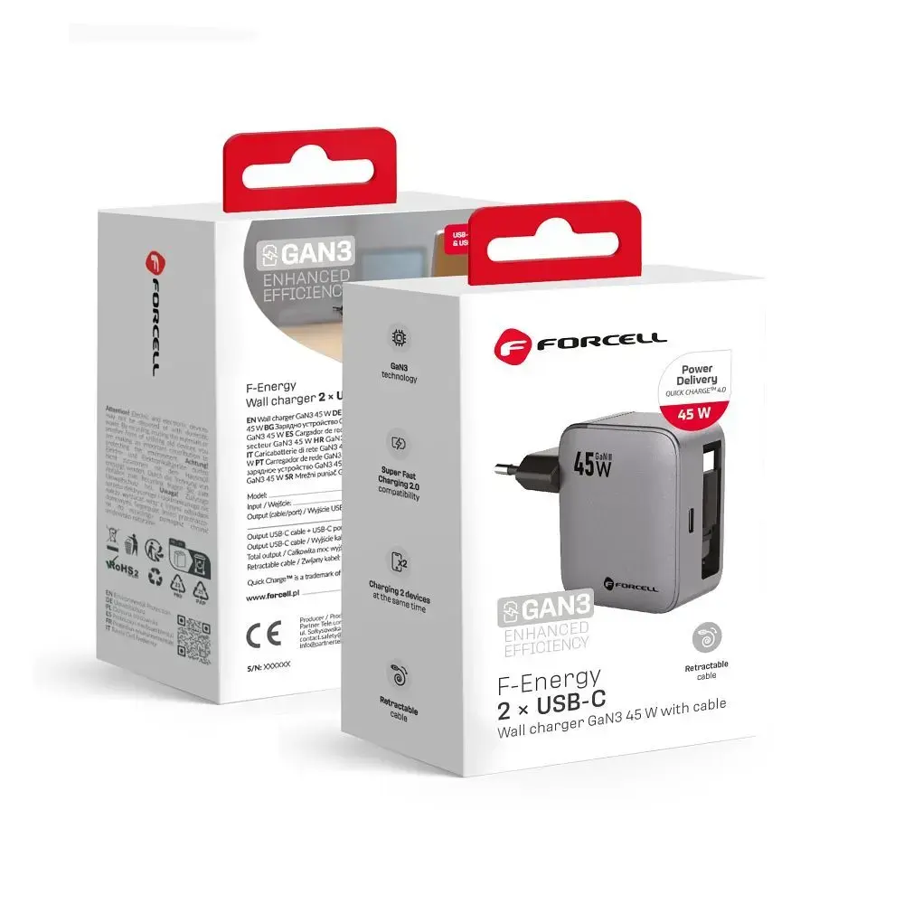 Forcell F-Energy VT-R5 tīkla lādētājs | 45W | PD, QC, GaN | USB-C | ar USB-C uz USB-C vadu komplektā | pelēks