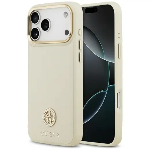 Guess Grained Strass Logo telefoniümbris MagSafe toega iPhone 17 Pro Max jaoks, beež