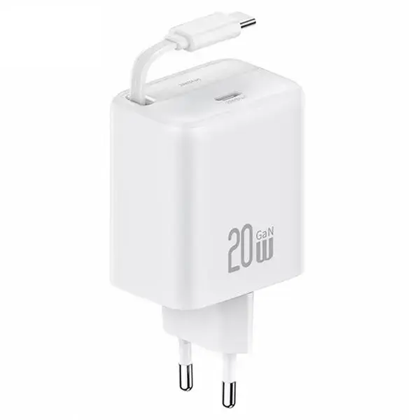 USAMS YC Series tīkla lādētājs | 20W | GaN, PD, QC | USB-C | USB-C uz USB-C vads komplektā | balts