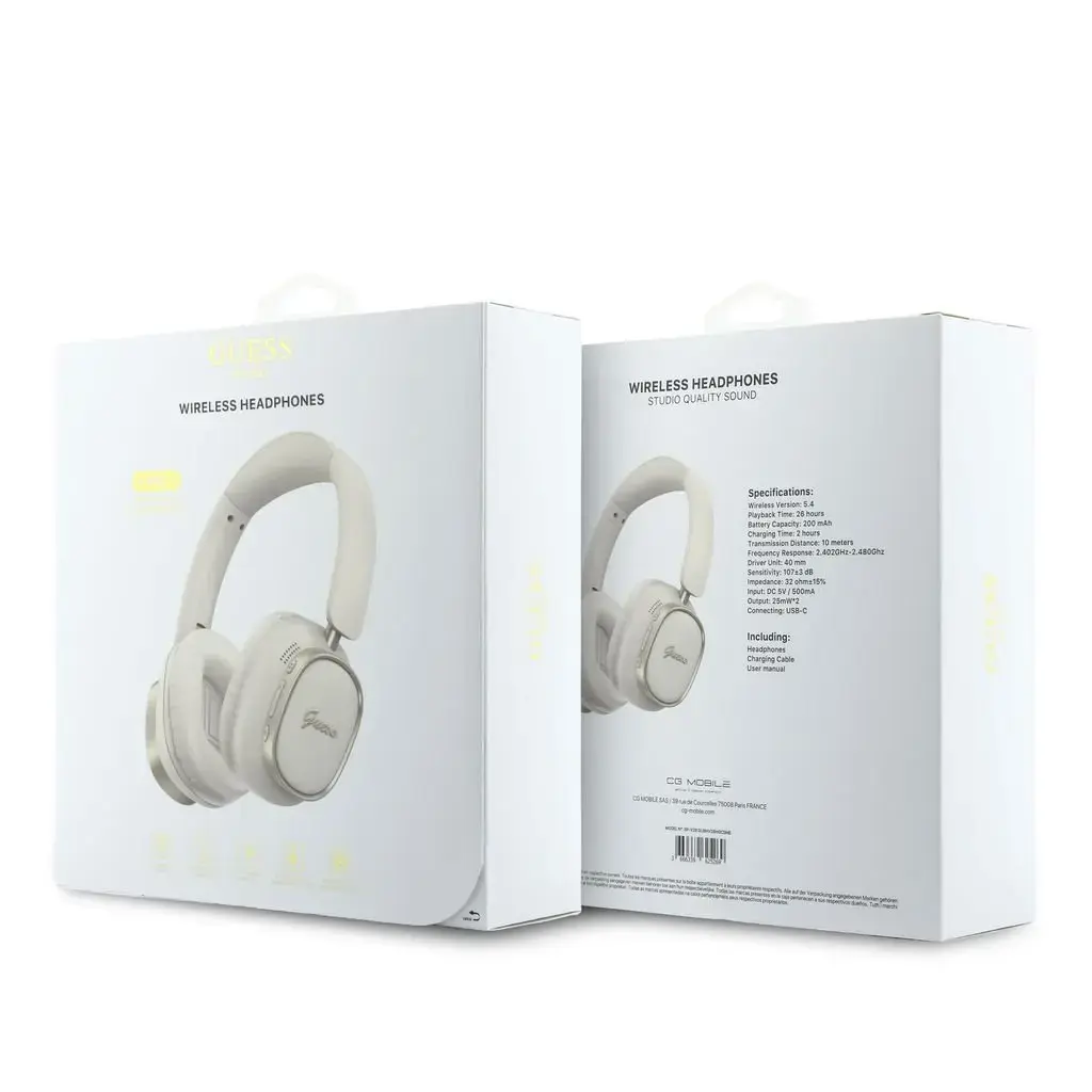 Guess Rectangle Metal Script Logo ENC Wireless Headphone White