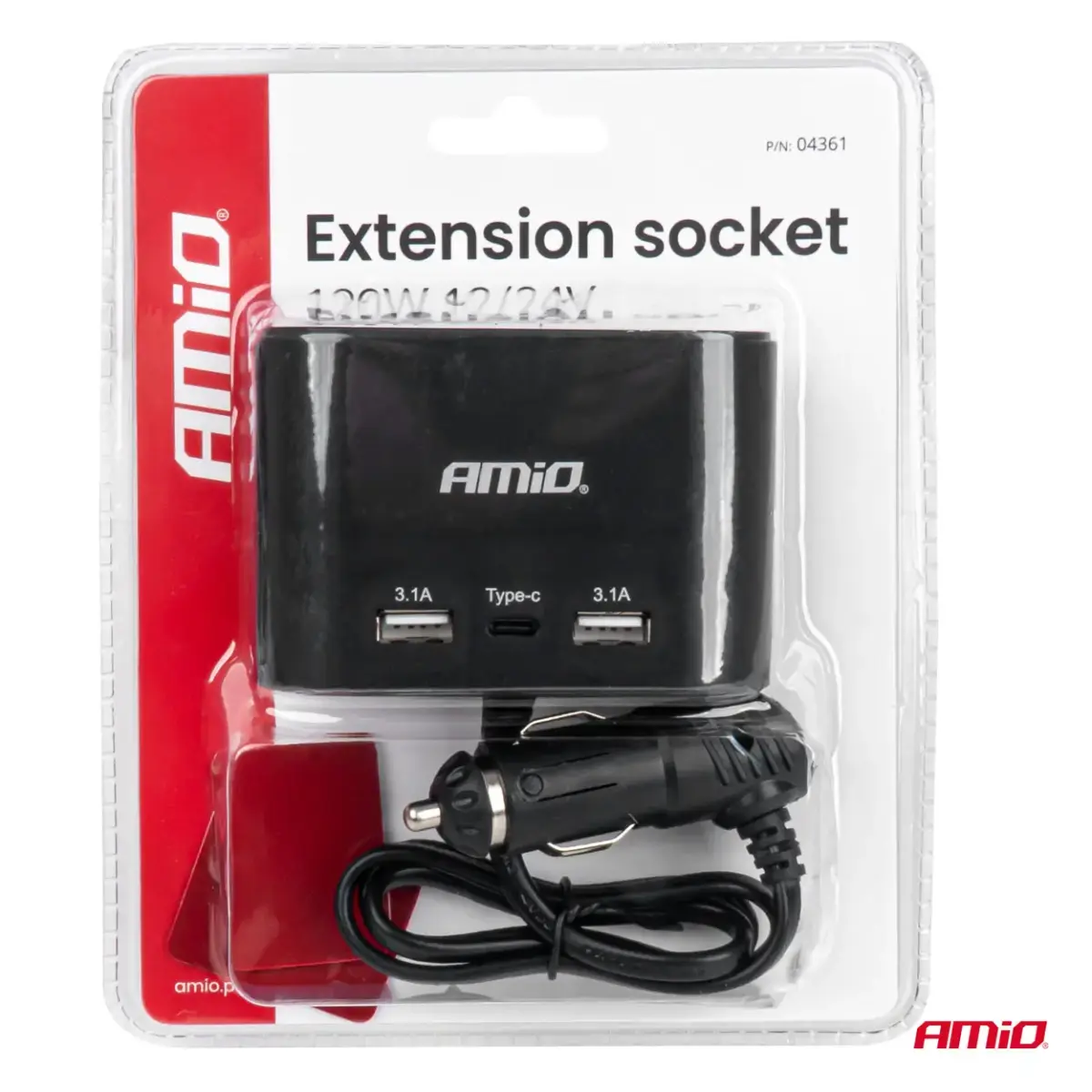 Triple extension socket charger 2x USB A 1x USB C 12/24V 120W 70cm AMIO-04361